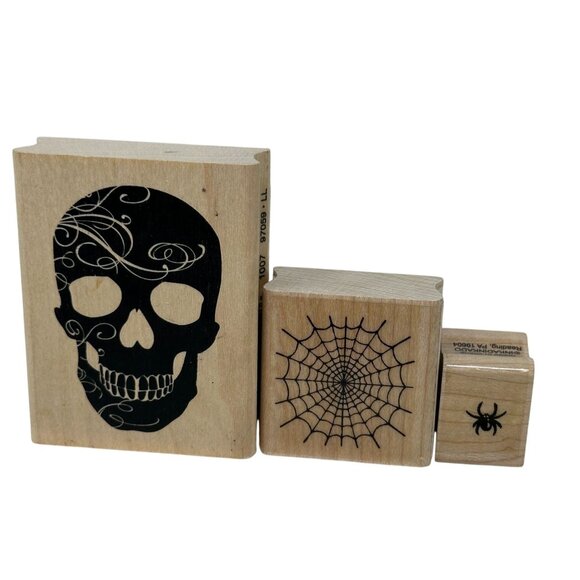 Inkadinkado Skull Spiderweb Spider Rubber Stamp Lot Wood Mounted Halloween Craft - Picture 1 of 14